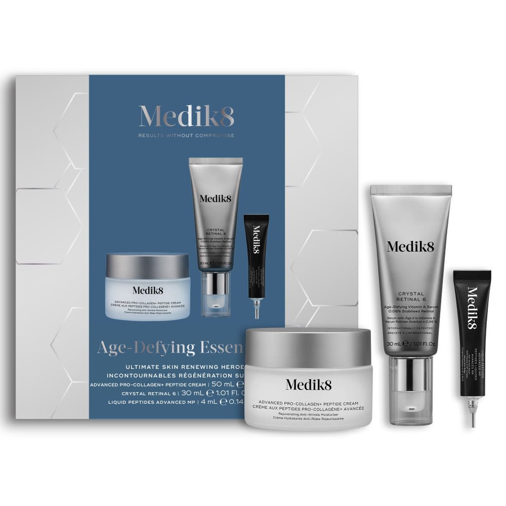 Age-Defying Essentials Kit Medik8: Advanced Pro Collagen+ 50 ml, Crystal Retinal 6 30 ml, Liquid Peptides Advanced 4 ml