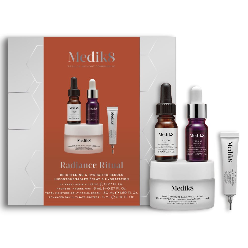 Radiance Ritual Kit Medik8: C-Tetra Luxe 8 ml, Hydr8 B5 Intense 8 ml, Total Moisture Daily Facial Cream 50 ml, Advanced Day Ultimate Protect SPF 50 5 ml