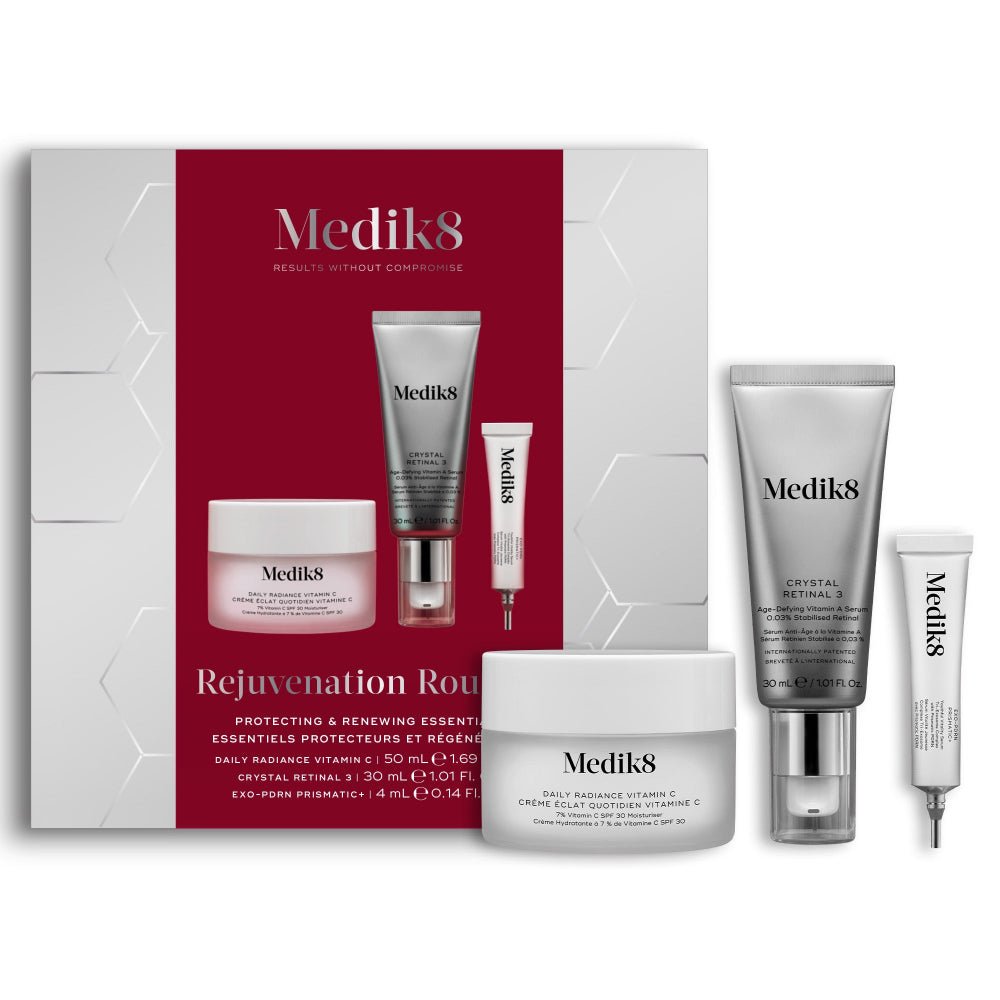 Rejuvenation Routine Kit Medik8: Daily Radiance Vitamin C 50 ml, Crystal Retinal 3 30 ml, Exo-PDRN Prismatic 4 ml