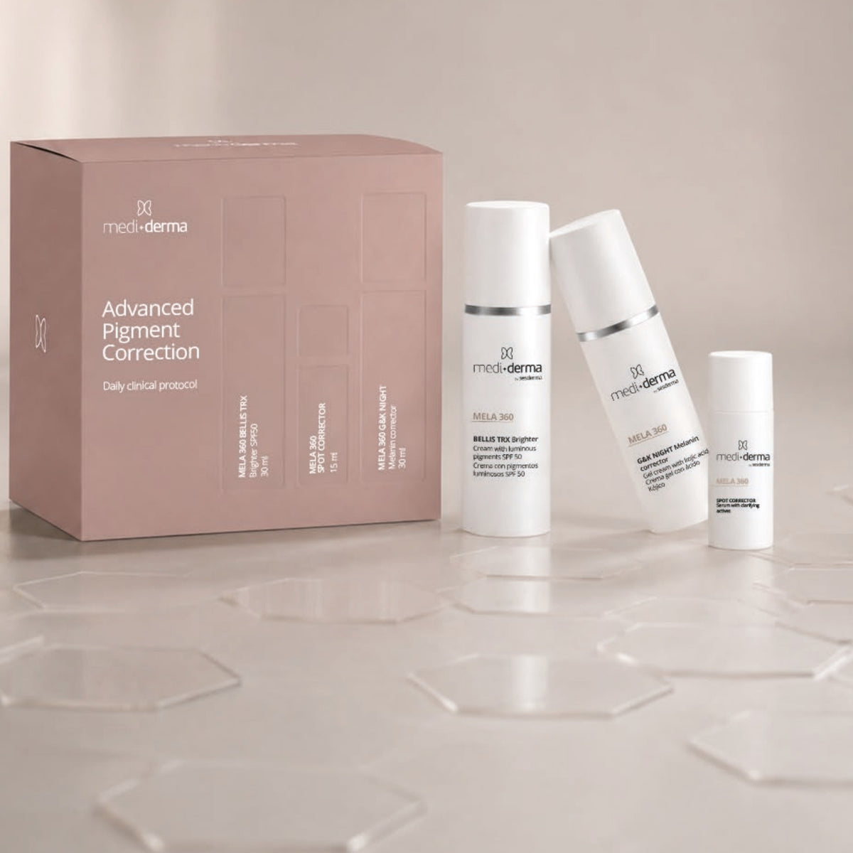 Advanced Pigment Correction Set MELA 360 Mediderma: Bellis TRX Brighter SPF 50 30 ml, G&K Night Melanin Corrector 30 ml y Spot Corrector 15 ml