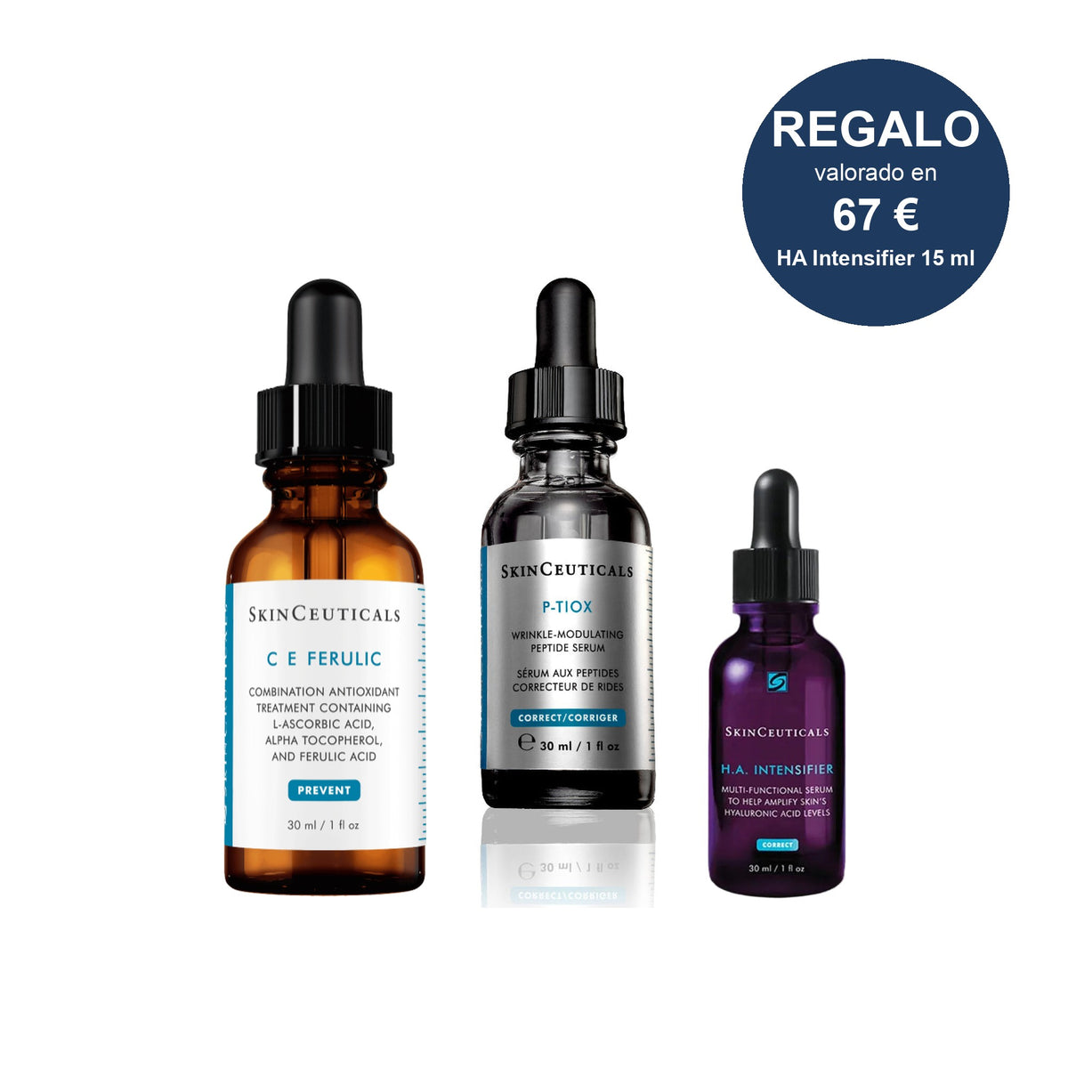 Pack C E Ferulic + P-TIOX sérum + REGALO HA Intensifier SKINCEUTICALS — contenido del pack